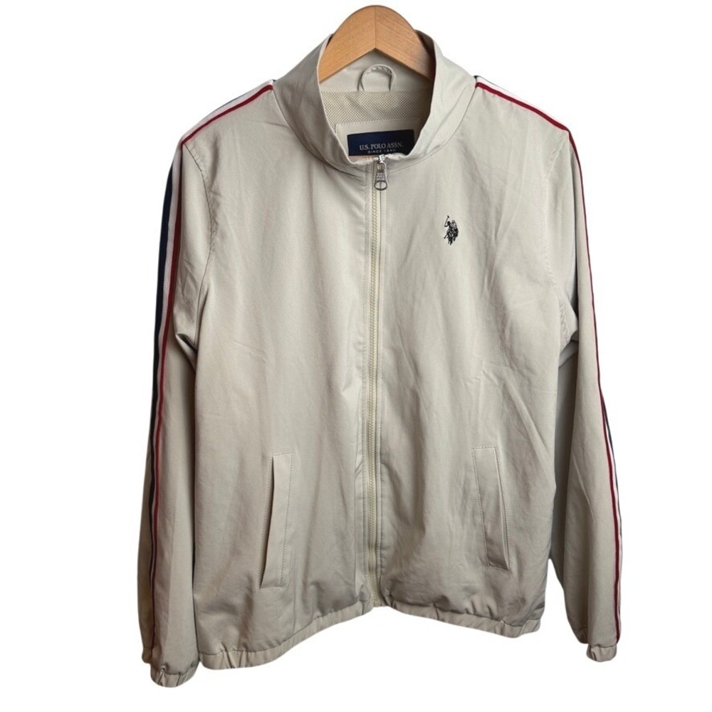 U.S. Polo Mens Track Jacket L Beige Racing Stripe Zip Windbreaker Preppy